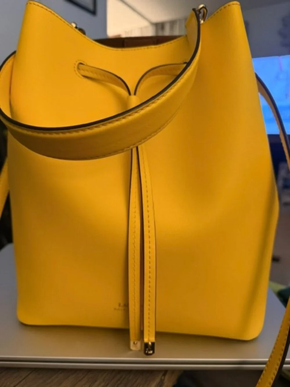 RALPH LAUREN DRAWSTRING BUCKET LEATHER BAG, DEBBY, YELLOW, PREOWNED